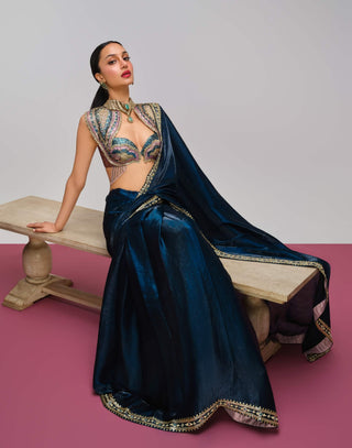 Petrol blue embellished organza pre-draped sari set