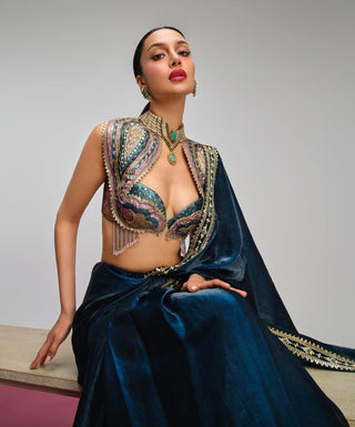 Petrol blue embellished organza pre-draped sari set