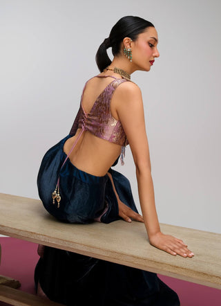 Petrol blue embellished organza pre-draped sari set