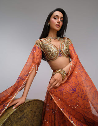 Brick orange printed organza skirt set