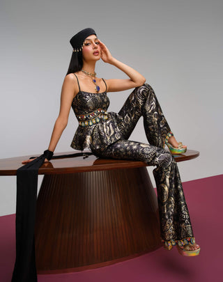 Black embellished peplum pant set
