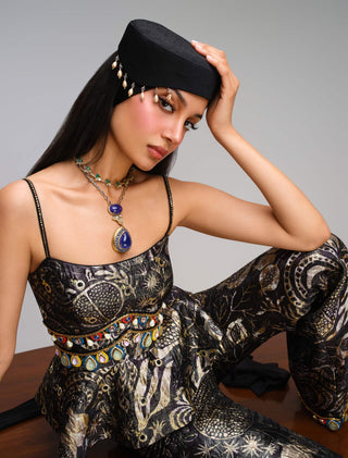 Black embellished peplum pant set