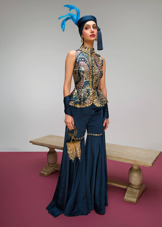 Petrol blue printed peplum sharara set