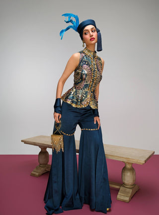 Petrol blue printed peplum sharara set