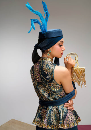 Petrol blue printed peplum sharara set