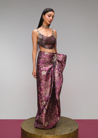 Plum wine draped glass top & jacquard skirt set