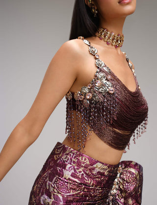Plum wine draped glass top & jacquard skirt set
