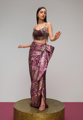Plum wine draped glass top & jacquard skirt set