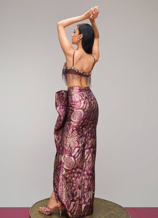Plum wine draped glass top & jacquard skirt set