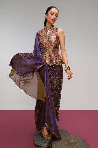 Purple paisley peplum draped sari set
