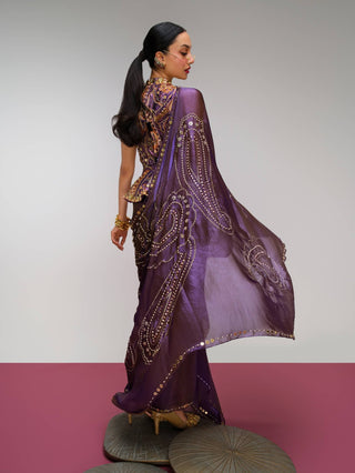 Purple paisley peplum draped sari set