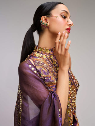 Purple paisley peplum draped sari set