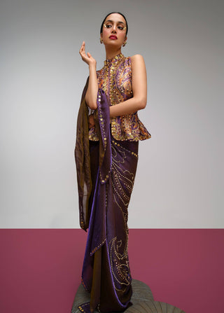 Purple paisley peplum draped sari set