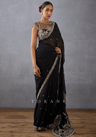 Torani-Black Raat Rani Damini Sari And Blouse-INDIASPOPUP.COM