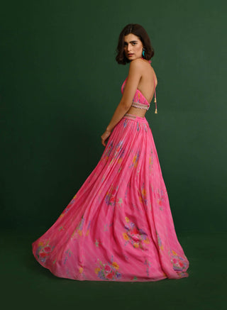Chamee And Palak-Pink Rosette Floral Lehenga And Halter Top-INDIASPOPUP.COM