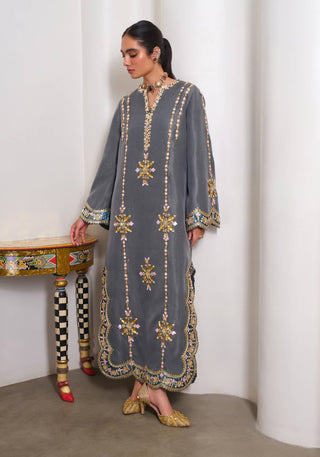 Evergreen embellished shimmer silk kaftan dress