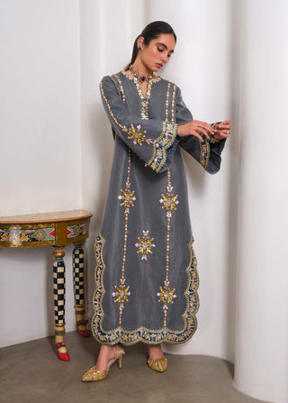 Evergreen embellished shimmer silk kaftan dress