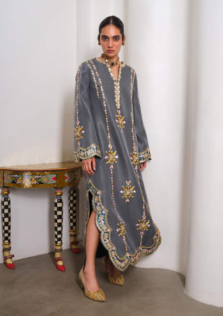 Evergreen embellished shimmer silk kaftan dress