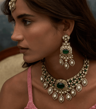 Devika green kundan necklace and earrings