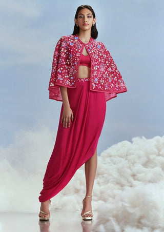 Nachiket Barve-Fuchsia Pink Izmir Cape And Draped Skirt-INDIASPOPUP.COM