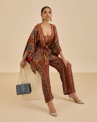 Burgundy and multi temple cape and pant set