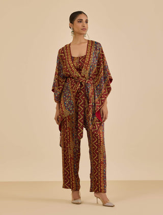 Burgundy and multi temple cape and pant set