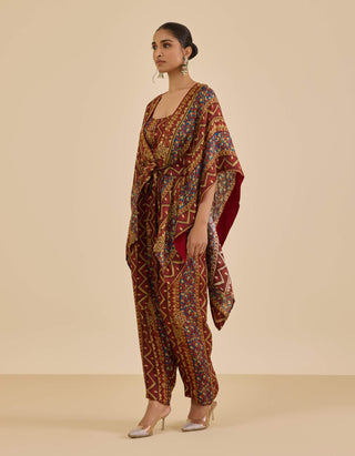 Burgundy and multi temple cape and pant set