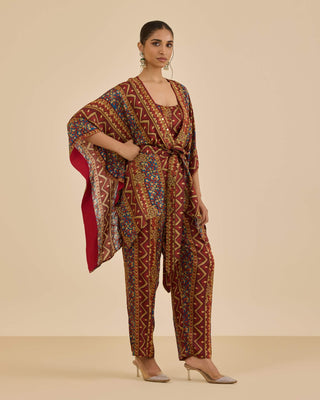 Burgundy and multi temple cape and pant set