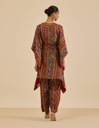 Burgundy and multi temple cape and pant set