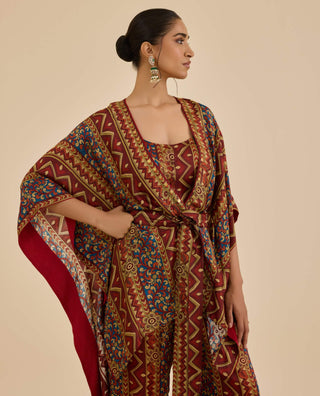 Burgundy and multi temple cape and pant set