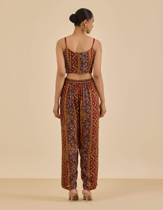 Burgundy and multi temple cape and pant set
