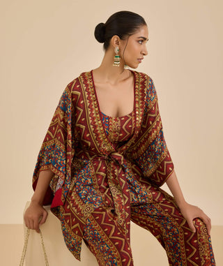 Burgundy and multi temple cape and pant set