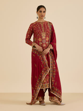 Burgundy and multi pintado kurta set