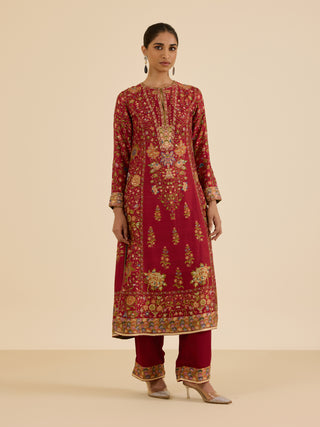 Burgundy and multi pintado kurta set