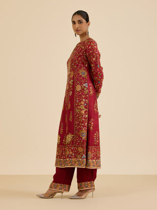 Burgundy and multi pintado kurta set