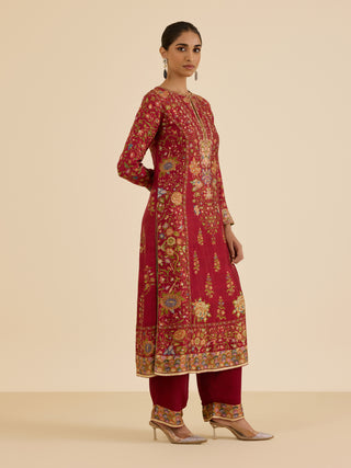 Burgundy and multi pintado kurta set
