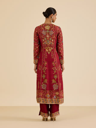 Burgundy and multi pintado kurta set