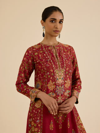 Burgundy and multi pintado kurta set