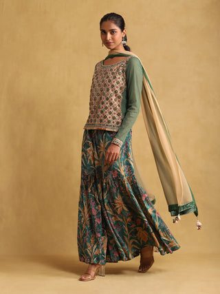 Ritu Kumar-Green Embroidered Cotton Kurti Sharara Set-INDIASPOPUP.COM