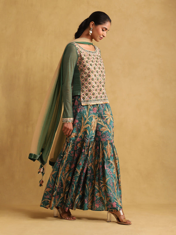 Green embroidered cotton kurti sharara set