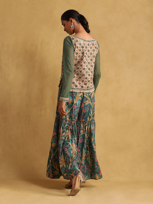 Green embroidered cotton kurti sharara set