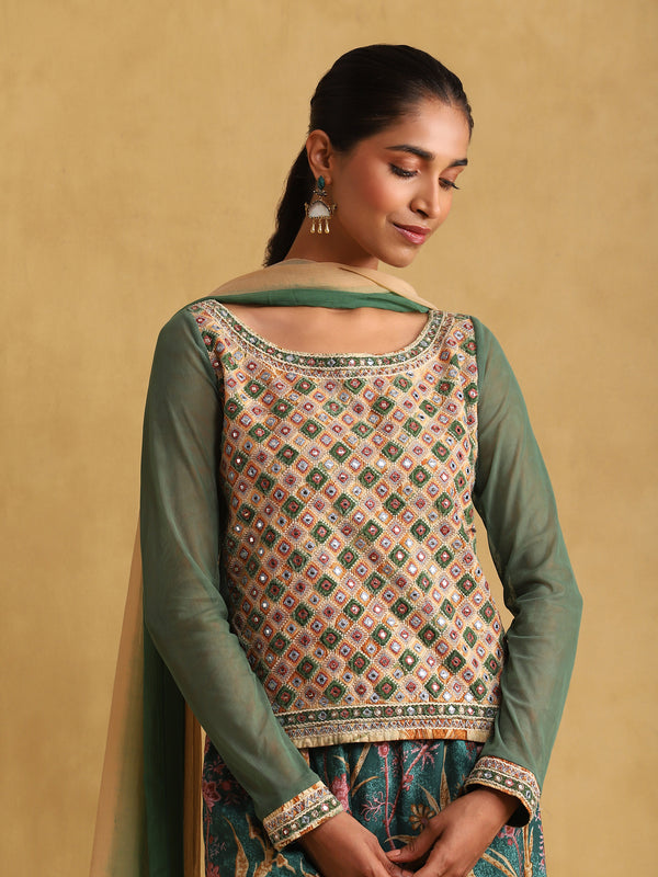 Green embroidered cotton kurti sharara set