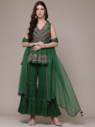 Green sleeveless solid kurti and sharara set