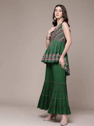 Green sleeveless solid kurti and sharara set