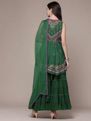 Green sleeveless solid kurti and sharara set