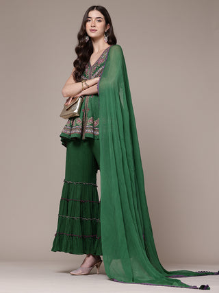 Green sleeveless solid kurti and sharara set