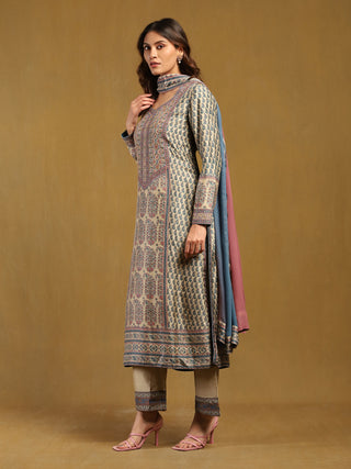 Beige and tapestry blue keya kurta set