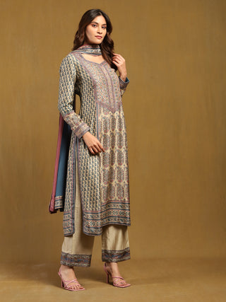 Beige and tapestry blue keya kurta set