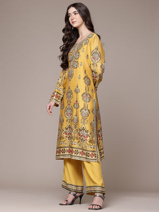 Yellow botanic print kurta set