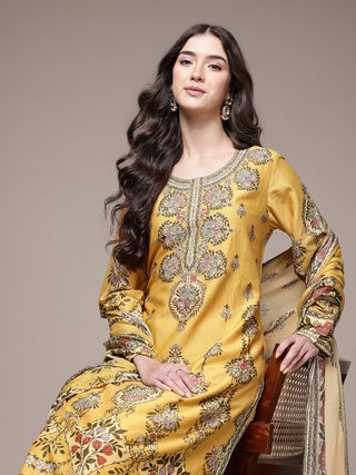 Yellow botanic print kurta set